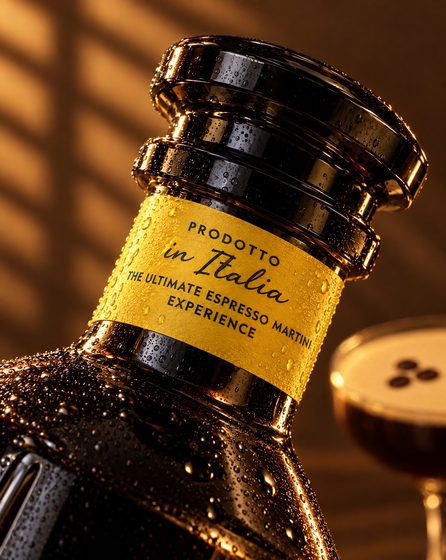 Espresso Martini: Flaschenhals mit Etikett Prodotto in Italia