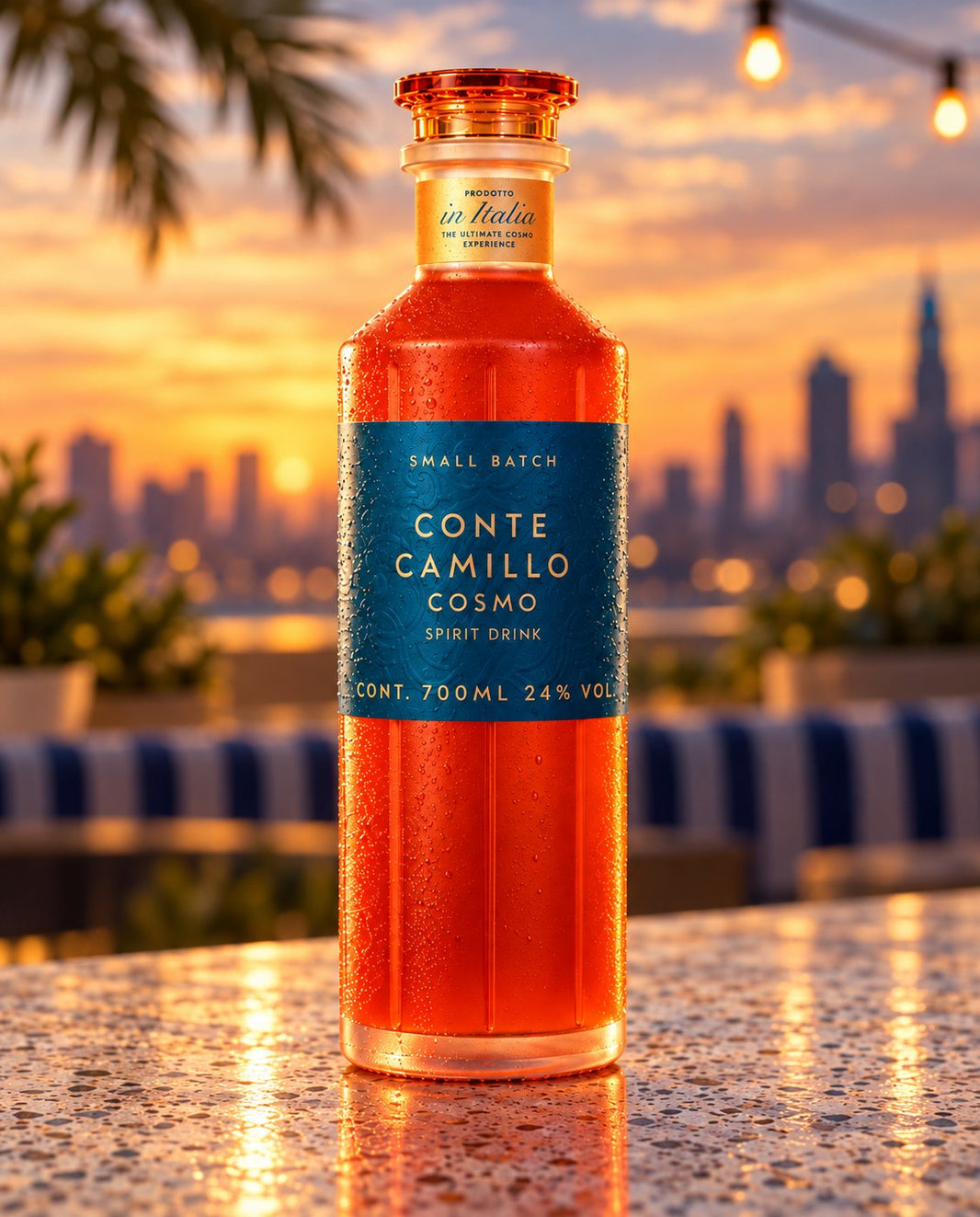 Conte Camillo Cosmo: deine Flasche auf einer Dachterrasse vor der Skyline bei Sonnenuntergang