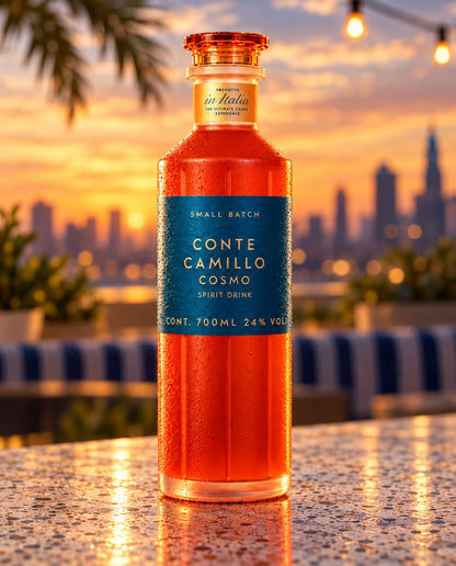 Conte Camillo Cosmo: deine Flasche auf einer Dachterrasse vor der Skyline bei Sonnenuntergang