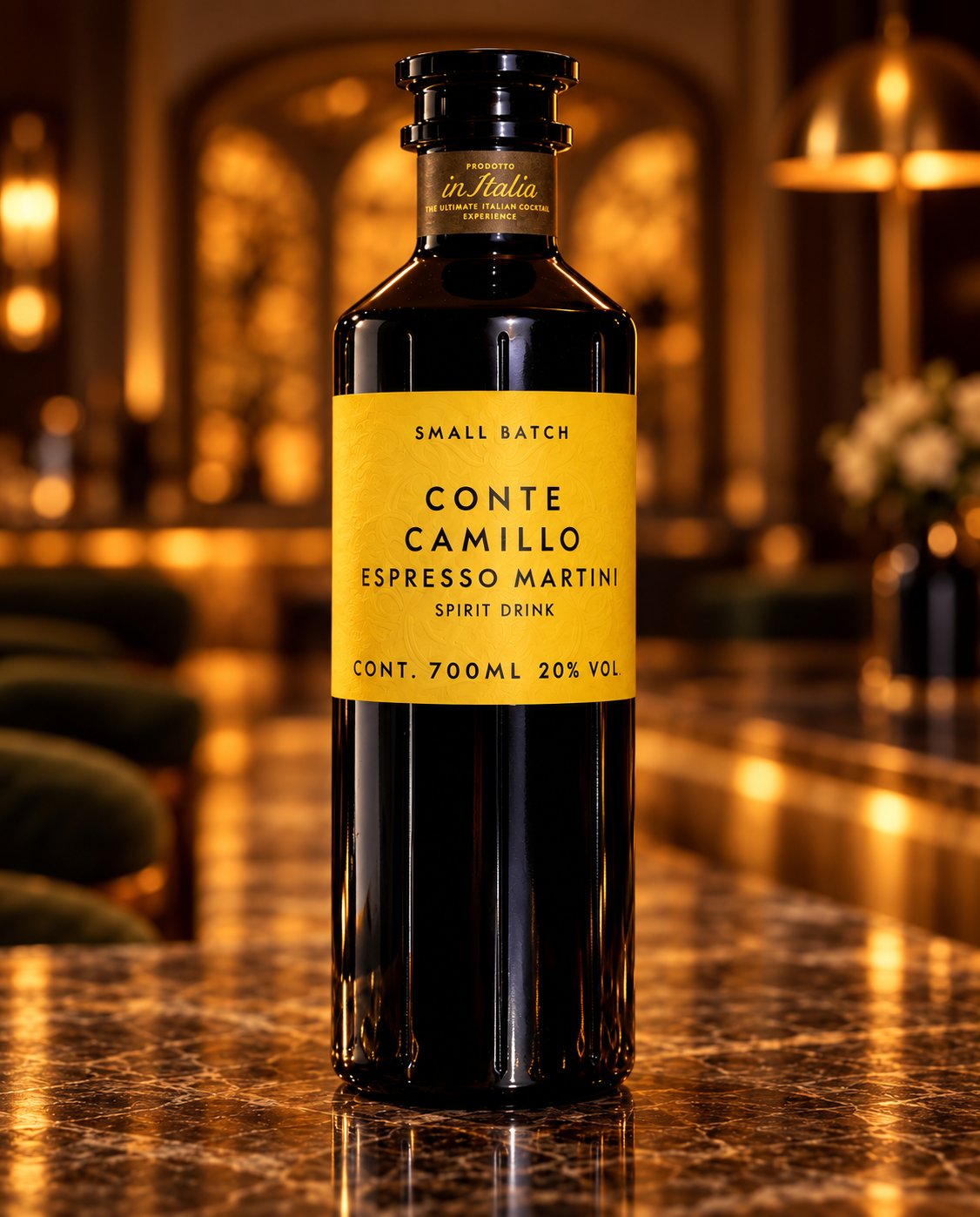 Conte Camillo Espresso Martini: deine Flasche auf dem Marmortresen einer Hotelbar
