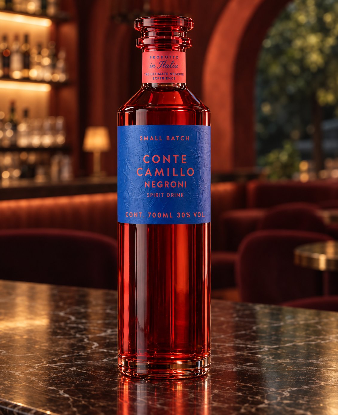 Conte Camillo Negroni: deine Flasche auf dem Marmortresen einer Bar