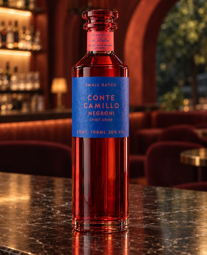 Conte Camillo Negroni: deine Flasche auf dem Marmortresen einer Bar