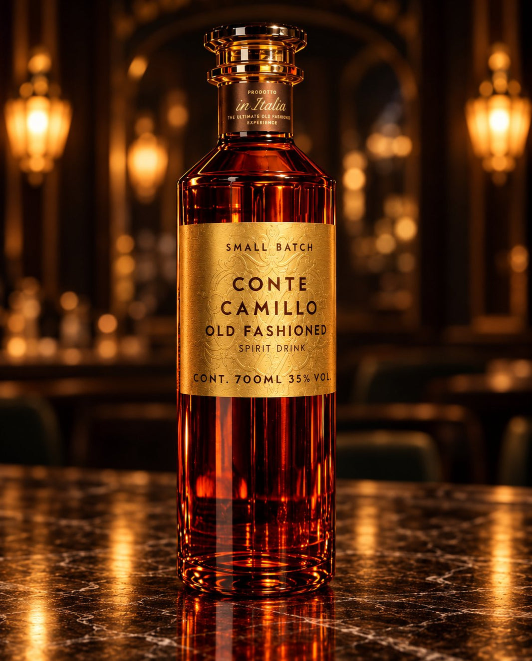Conte Camillo Old Fashioned: deine Flasche auf dem Marmortresen einer Bar