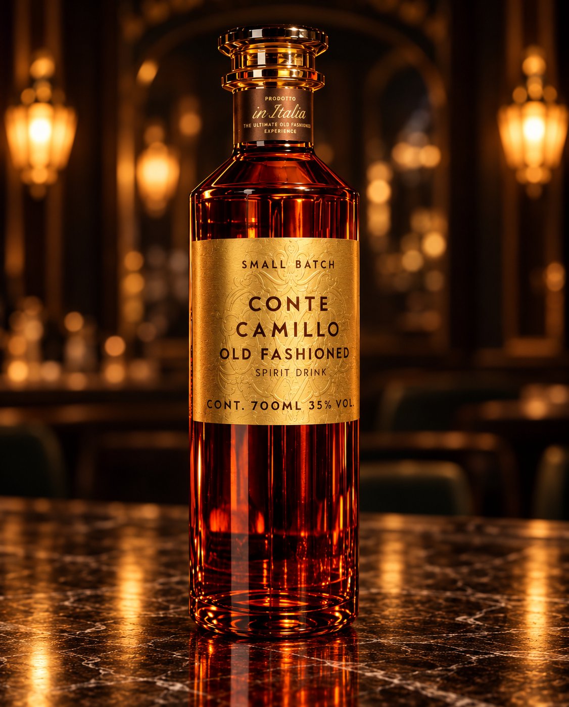 Conte Camillo Old Fashioned: deine Flasche auf dem Marmortresen einer Bar