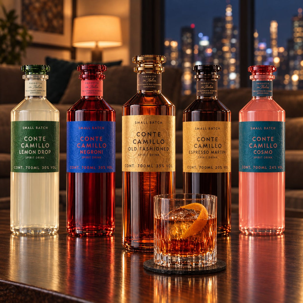 Die Conte Camillo Kollektion: alle fünf Flaschen in einem Wohnzimmer vor der Skyline, davor dein fertiger Old Fashioned im Tumbler