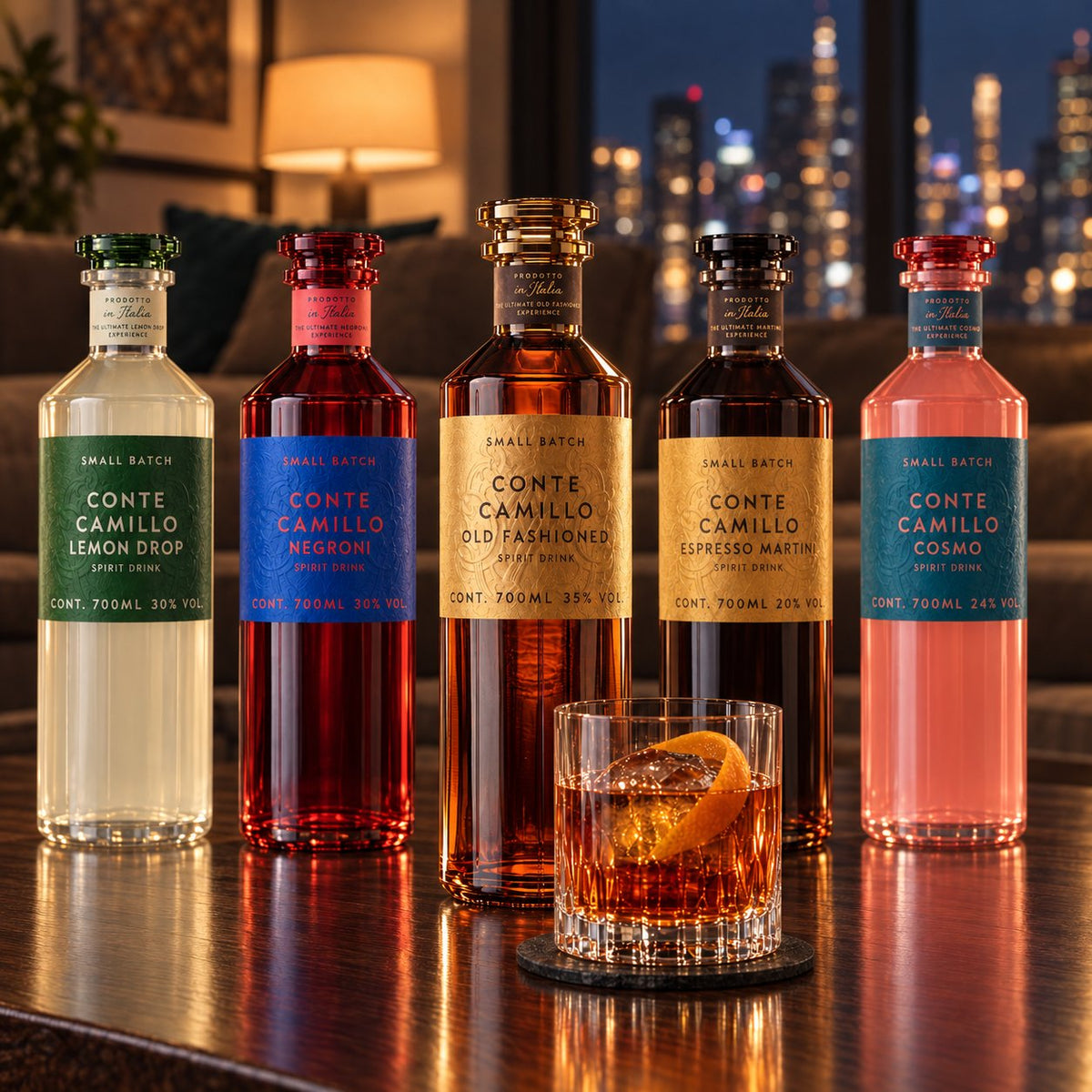 Die Conte Camillo Kollektion: alle fünf Flaschen in einem Wohnzimmer vor der Skyline, davor dein fertiger Old Fashioned im Tumbler