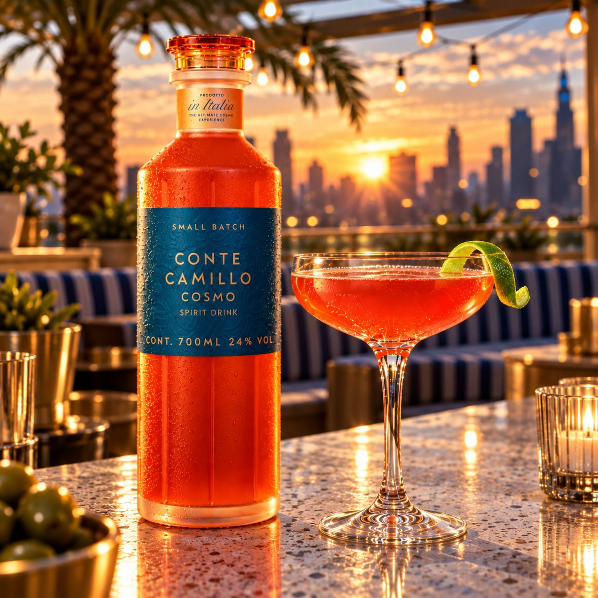Conte Camillo Cosmo: die Flasche und dein fertiger Cosmo in der Coupe auf einer Dachterrasse bei Sonnenuntergang