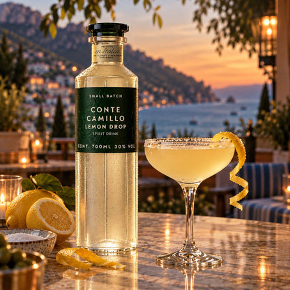 Conte Camillo Lemon Drop: die Flasche und dein fertiger Lemon Drop mit Zuckerrand auf einer Terrasse am Meer