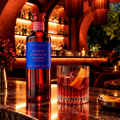 Eine Flasche Conte Camillo Negroni auf einer Bartheke, daneben ein Negroni mit Eis und Orangenzeste im Tumbler