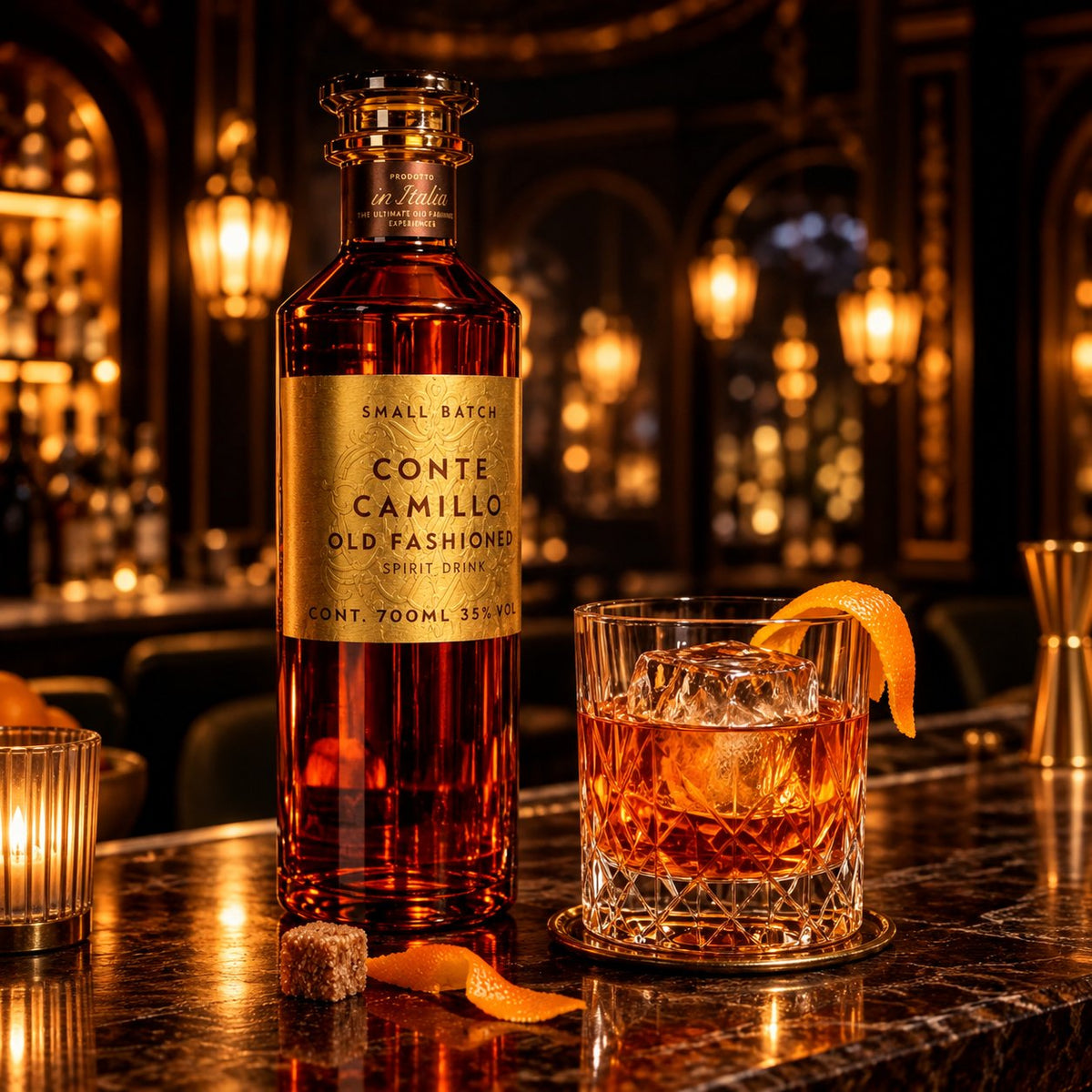 Conte Camillo Old Fashioned: die Flasche und dein fertiger Old Fashioned mit Eiswürfel in einer Bar