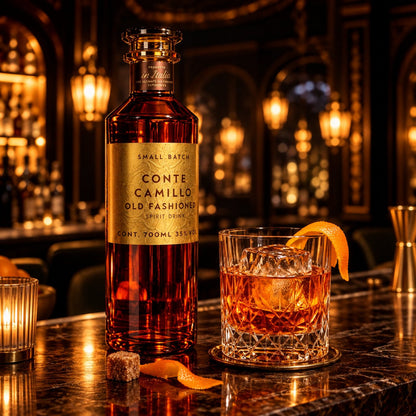 Conte Camillo Old Fashioned: die Flasche und dein fertiger Old Fashioned mit Eiswürfel in einer Bar