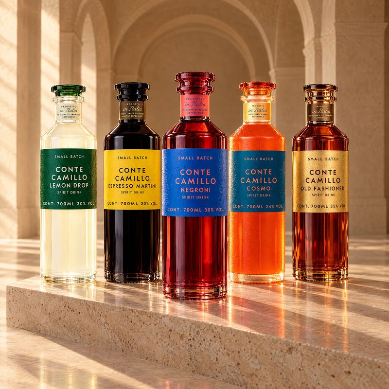 Die fünf Flaschen der Conte Camillo Kollektion auf einem Travertin-Sockel in einer sonnigen Arkade, von links: Lemon Drop, Espresso Martini, Negroni, Cosmo, Old Fashioned