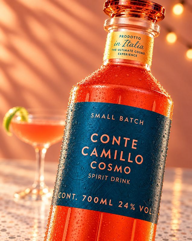 Conte Camillo Cosmo, die Flasche schräg in Nahaufnahme, dahinter der fertige Drink