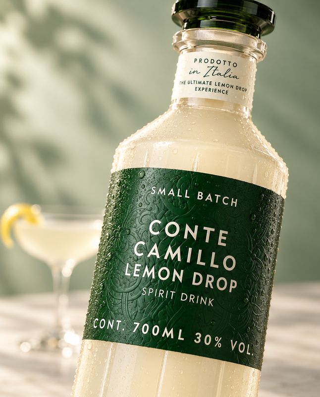 Conte Camillo Lemon Drop, die Flasche schräg in Nahaufnahme, dahinter der fertige Drink