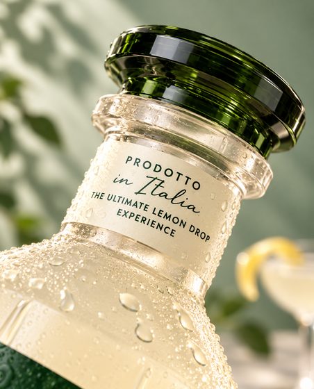 Lemon Drop: Flaschenhals mit Etikett Prodotto in Italia