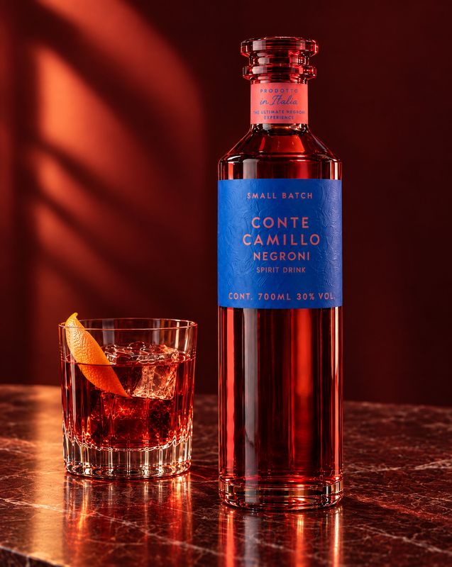 Conte Camillo Negroni stehend auf Marmor, daneben ein Negroni mit Orangenzeste
