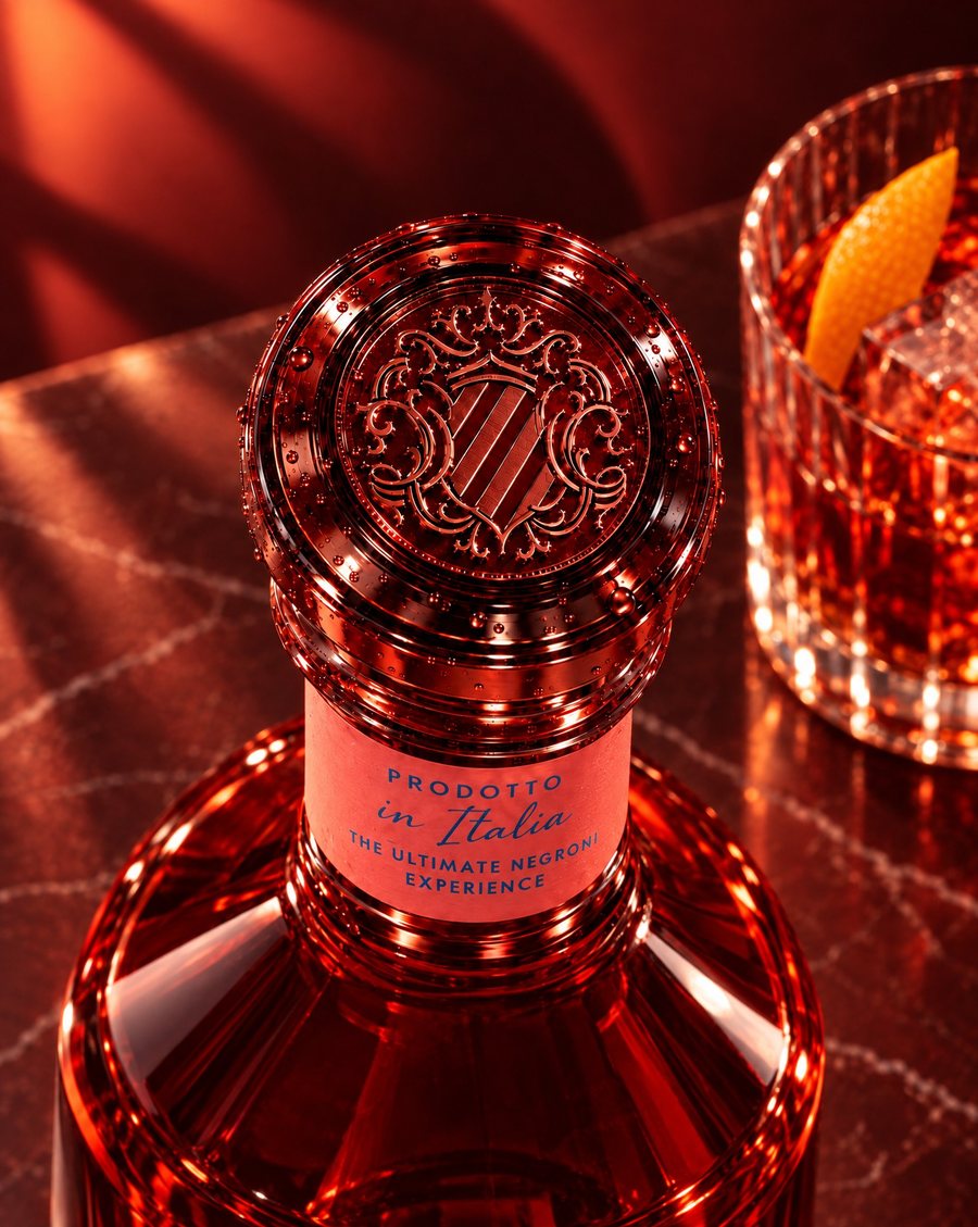 Negroni: Stopfen mit geprägtem Wappen, daneben der fertige Drink