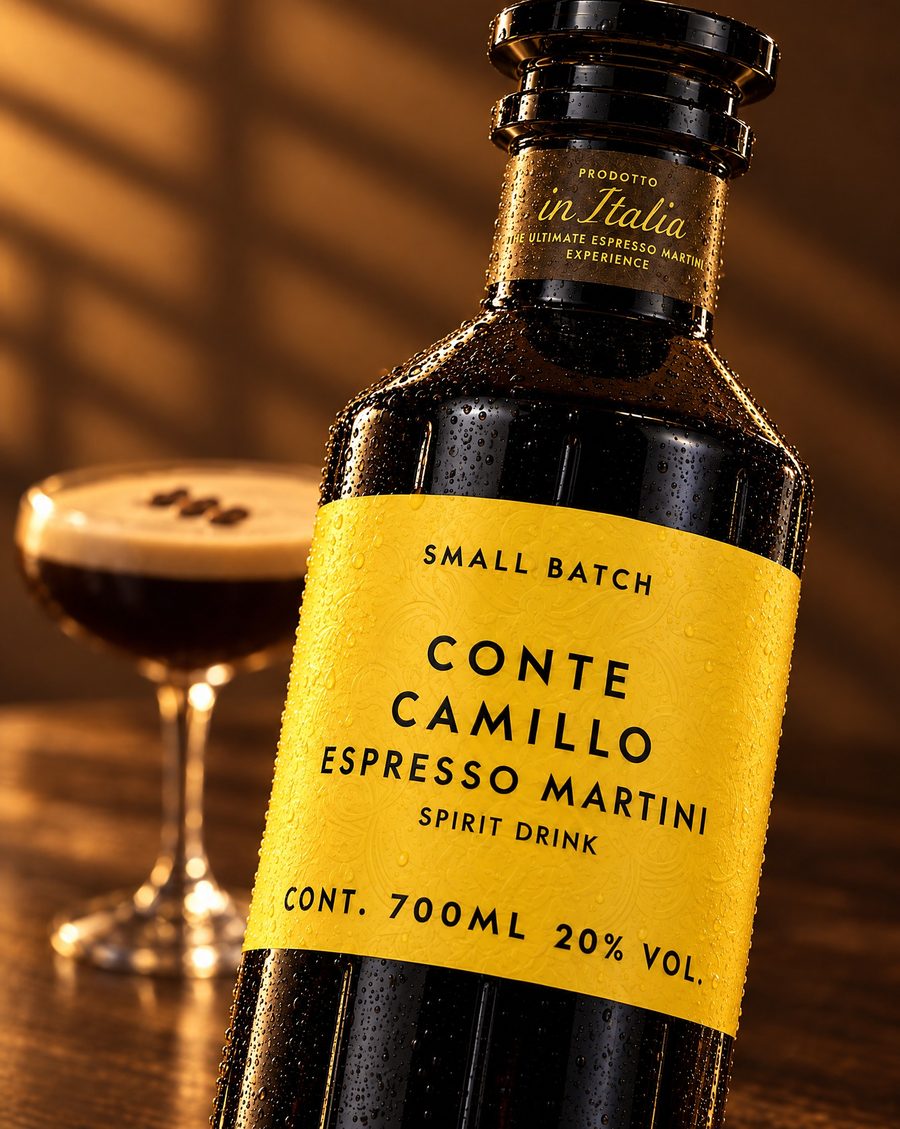Conte Camillo Espresso Martini, die Flasche mit dem fertigen Drink