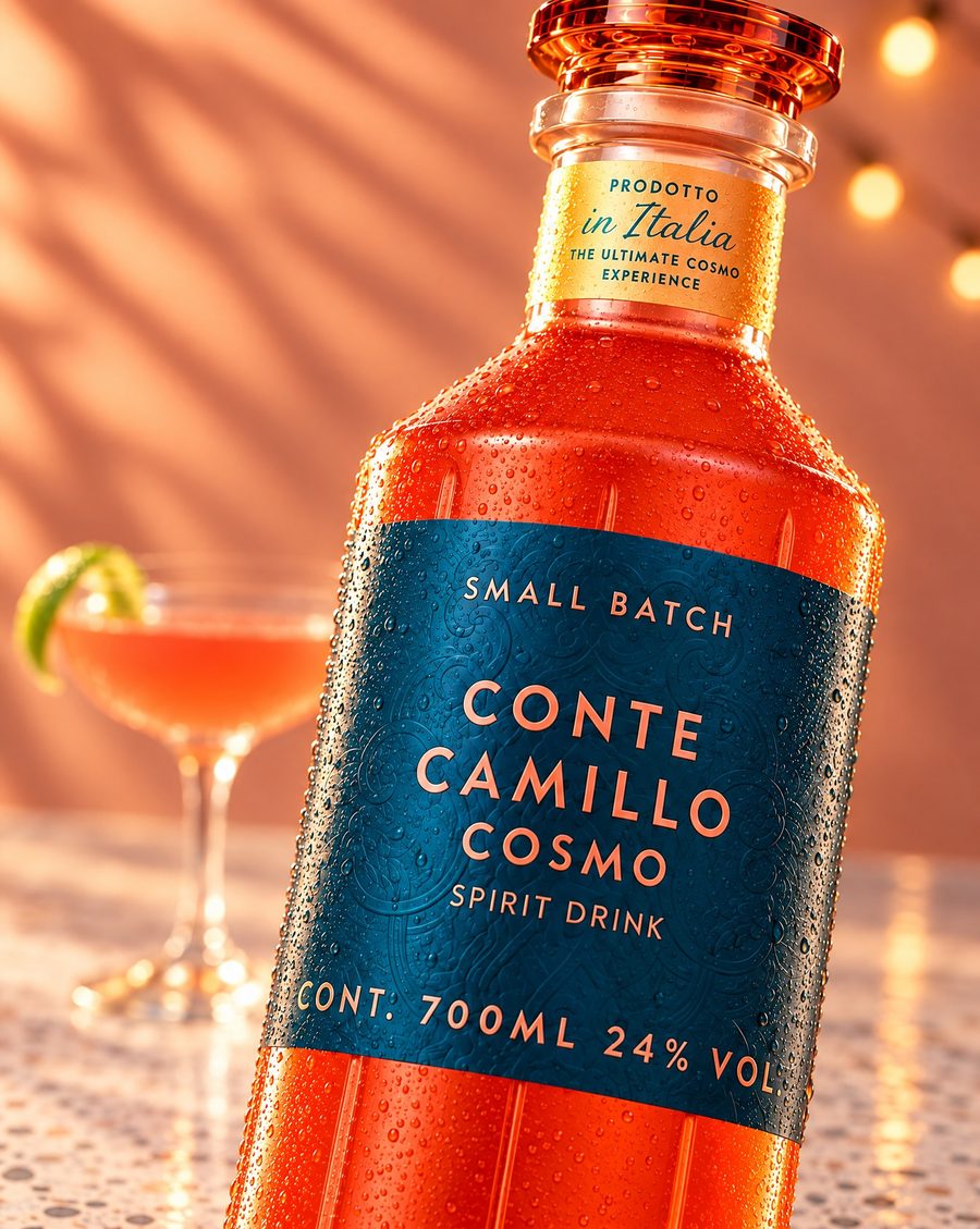 Conte Camillo Cosmo, die Flasche mit dem fertigen Drink