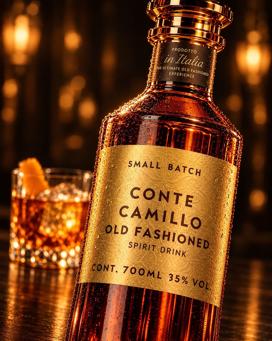 Conte Camillo Old Fashioned, die Flasche mit dem fertigen Drink